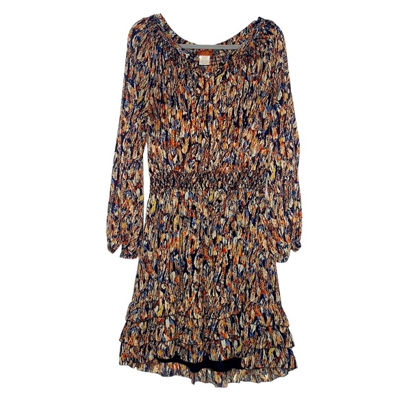 Scully Women's Multicolored Feather Print Sheer Mini Dress Ruffle Trim size XL - Picture 1 of 11